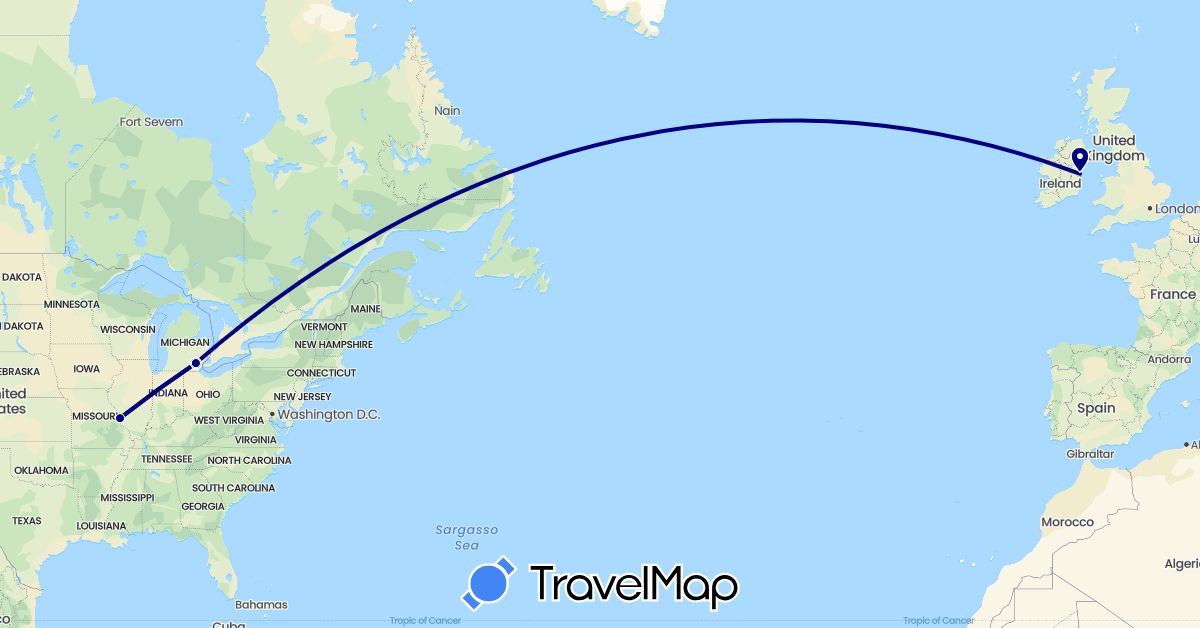 TravelMap itinerary: driving in Ireland, United States (Europe, North America)